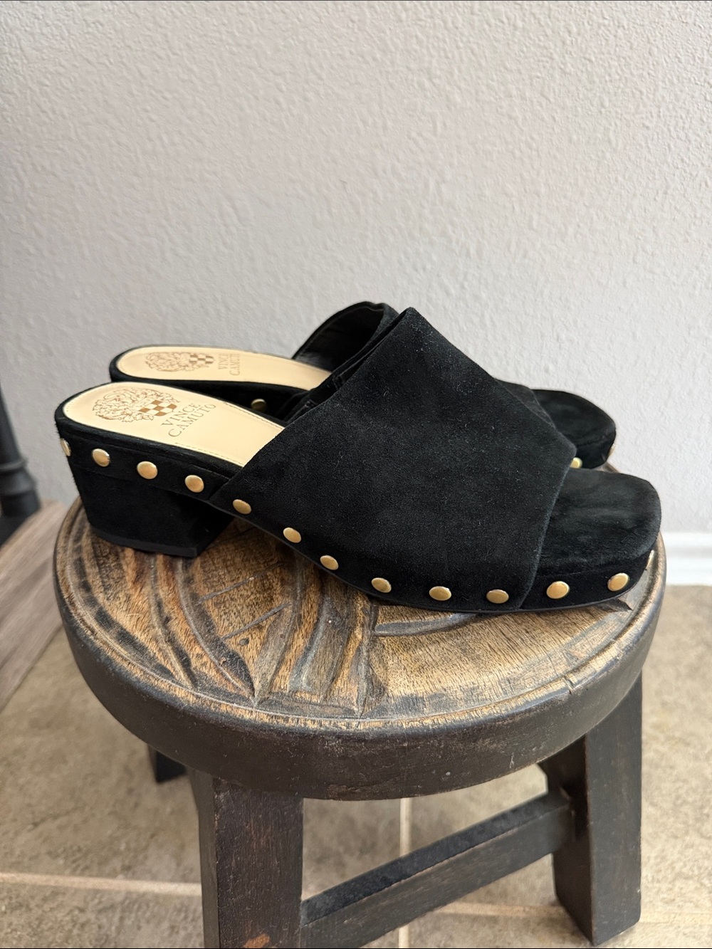 Vince Camuto Black Suede Studded Mule Slides